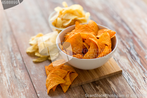 Image of close up of potato crisps and nachos in bowls