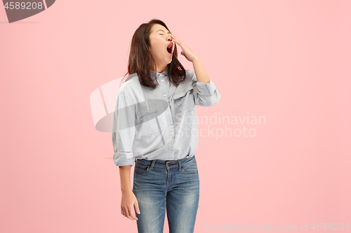 Image of Beautiful bored woman bored isolated on pink background