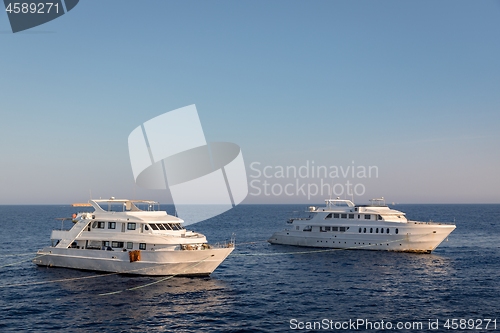 Image of Luxury yacht docking near coral reef