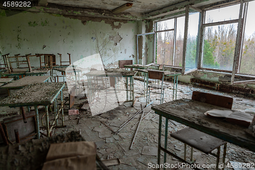 Image of Messy and abandoned classroom in ghost town