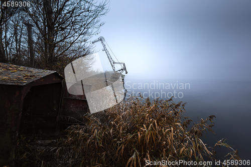 Image of Rusty old industrial dock cranes at swampland