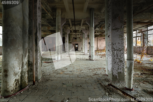 Image of Abandoned industrial interior with large columns