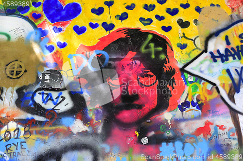 Image of Detail of John Lennon's wall with graffiti in Prague