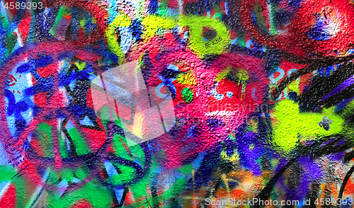 Image of Detail of bright colorful John Lennon's wall with graffiti in Pr