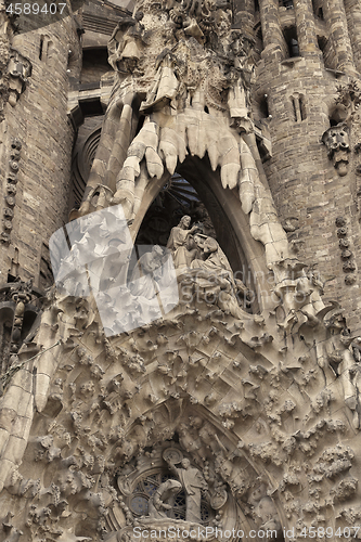 Image of Detail of Nativity facade of Sagrada Familia church in Barcelona