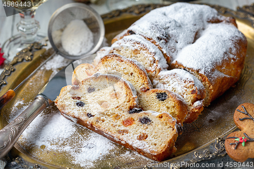 Image of Slices of traditional Christmas Stollen close-up.
