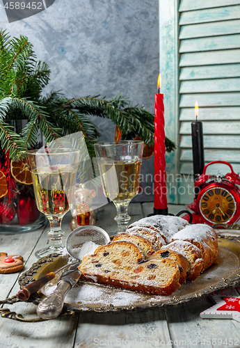 Image of Sliced Christmas Stollen on a tray.