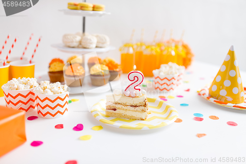 Image of piece of cake on plate at birthday party