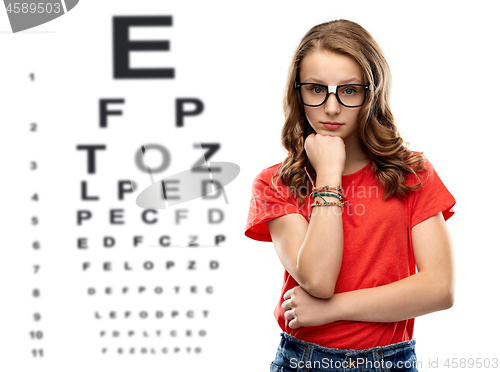 Image of teenage girl in glasses over eye test chart