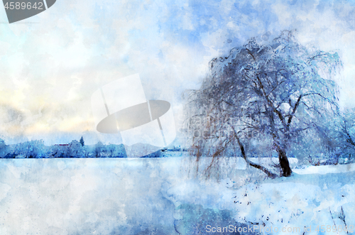 Image of Winter landscape with a lake and a tree in frost. Stylization in watercolor drawing.