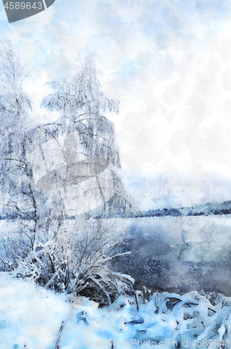 Image of Winter landscape with a lake and a tree in frost. Stylization in watercolor drawing.