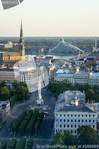 Image of Old town views to St. Peter\'s Church and the Freedom Monument in Riga.