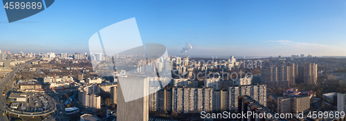 Image of Panoramic view from drone of city landscape with buildings.