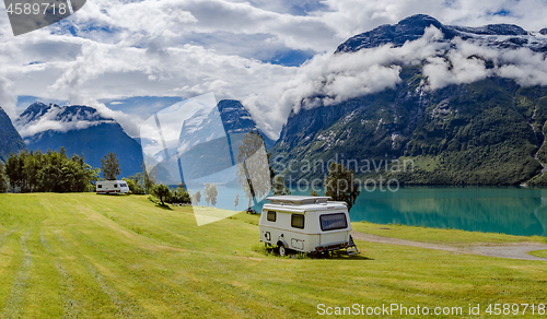 Image of Family vacation travel RV, holiday trip in motorhome