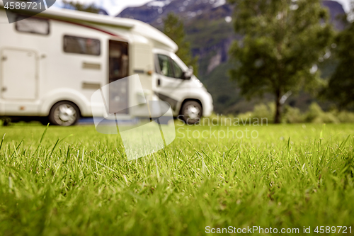 Image of Family vacation travel RV, holiday trip in motorhome