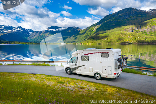 Image of Family vacation travel RV, holiday trip in motorhome