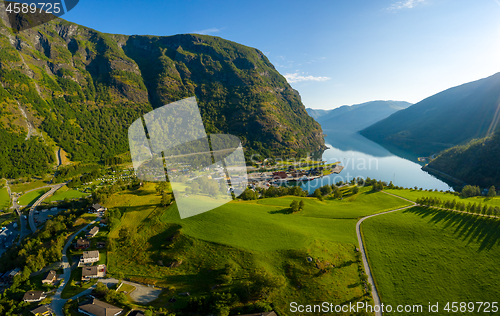 Image of Aurlandsfjord Town Of Flam at dawn.