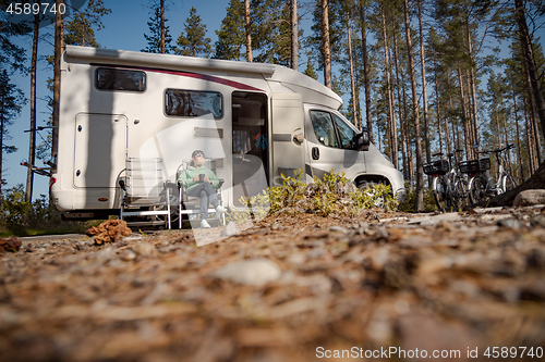 Image of Family vacation travel RV, holiday trip in motorhome