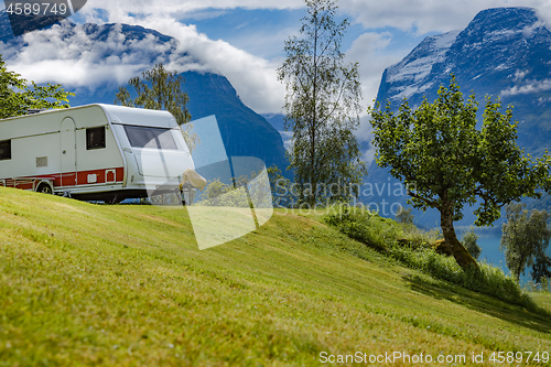 Image of Family vacation travel RV, holiday trip in motorhome