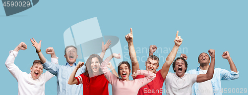 Image of Collage of winning success happy men and women celebrating being a winner.