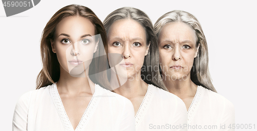 Image of Comparison. Portrait of beautiful woman with problem and clean skin, aging and youth concept