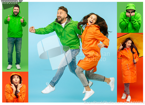 Image of Collage about young woman and handsome bearded young man on vivid trendy colors at studio