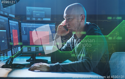 Image of hacker with no access on computer calls on cell