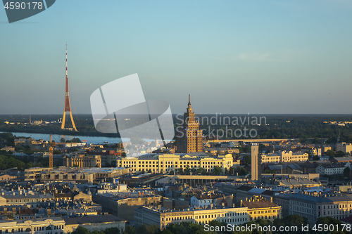 Image of Panoramic aerial view Academy of Sciences and Riga Radio and TV Tower.