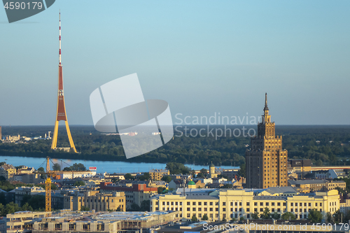 Image of Aerial panoramic view Academy of Sciences and Riga Radio and TV Tower.