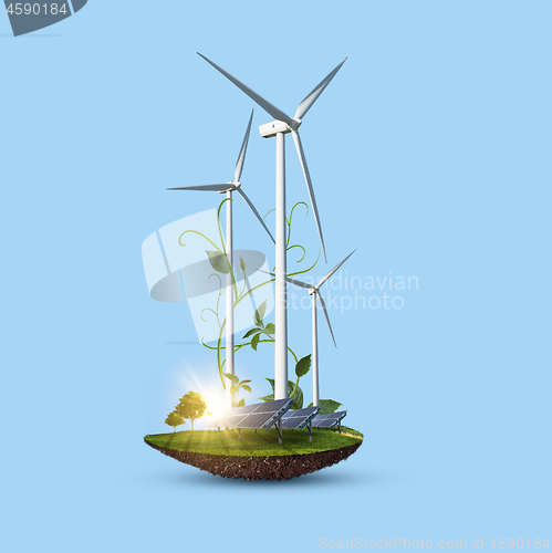 Image of Wind turbines and solar panels as alternative renewable energy.