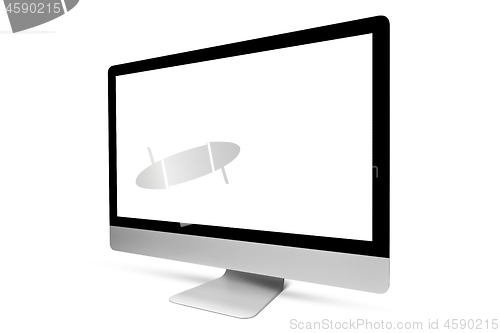 Image of Computer display with blank mockup screen on white background.