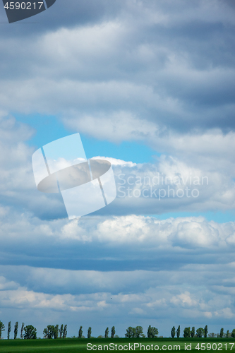 Image of Summer landscape with clouds sky and green trees as a skyline.