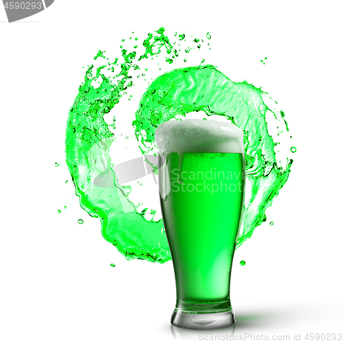 Image of Glass of fresh green beer with splash on a white.