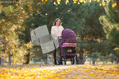 Image of Young mother with a stroller walks in the autumn square