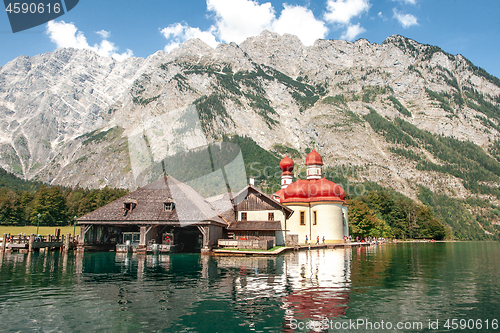 Image of Classic panoramic view of Lake Konigssee with world famous Sankt Bartholomae pilgrimage church