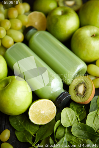 Image of Fresh fruits and vegetables in green color concept
