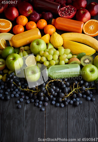 Image of Healthy food concept. Various mixed fruits, vegetables and juice