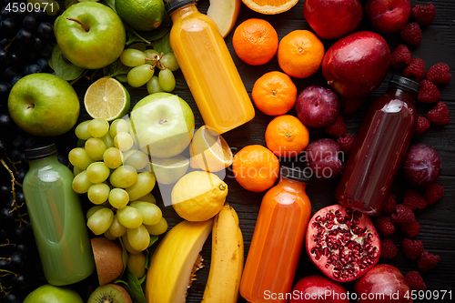 Image of Healthy food concept. Various mixed fruits, vegetables and juices formed in rainbow