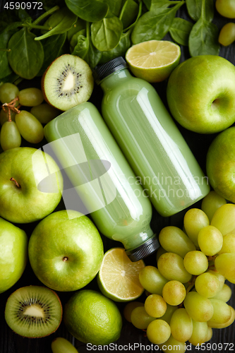 Image of Fresh fruits and vegetables in green color concept