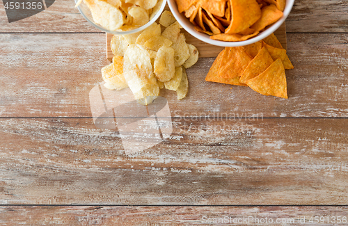 Image of close up of potato crisps and nachos in bowls