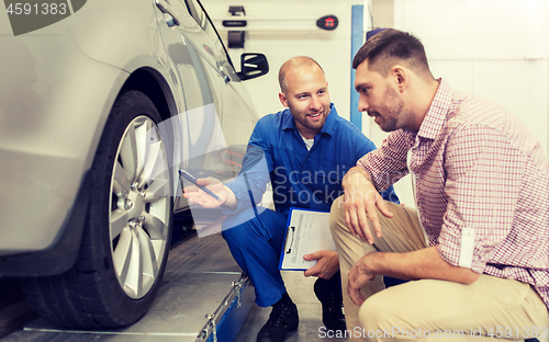 Image of auto mechanic with clipboard and man at car shop