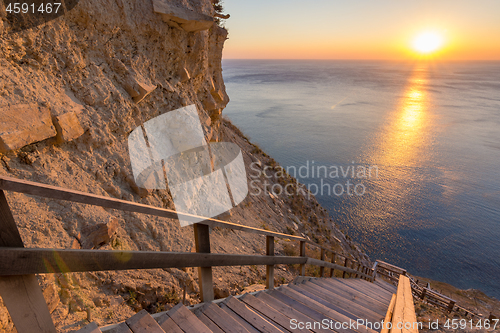 Image of Mountain landscape, stairs descending to the sea
