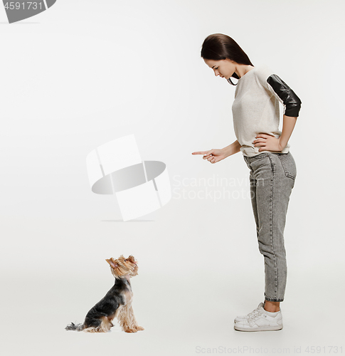 Image of Woman with her dog on leash over white background