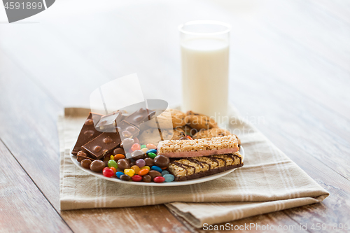 Image of chocolate, cookies, candies and muesli bars