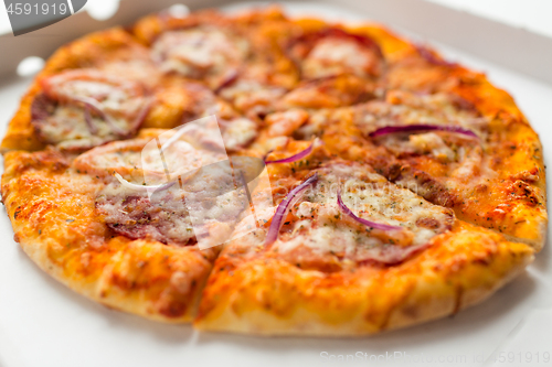 Image of close up of sliced takeaway pizza in paper box