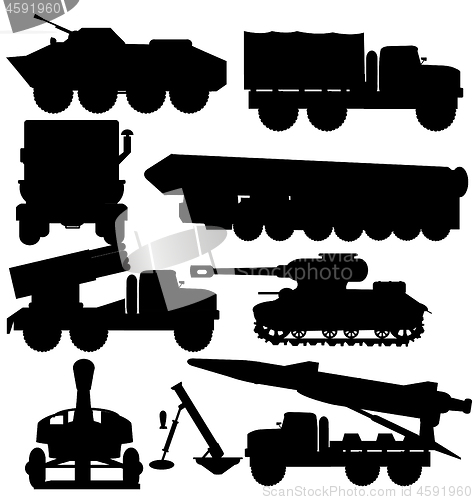 Image of Vector illustration silhouette military cars with rocket and tank