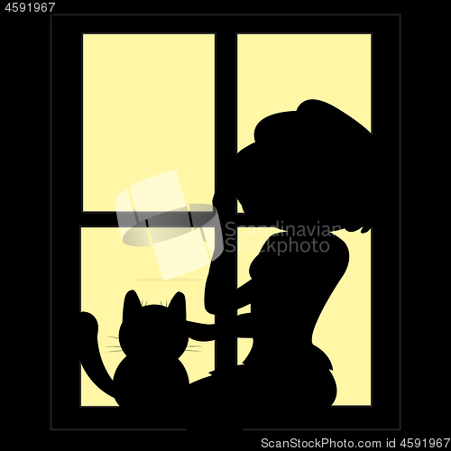 Image of Girl and cat silhouettes in window in the night