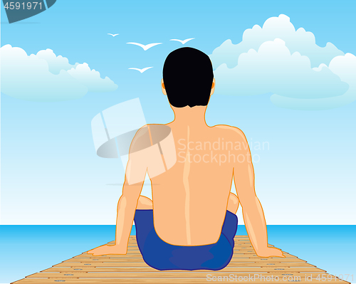 Image of Man sitting on quay ashore ocean landscape