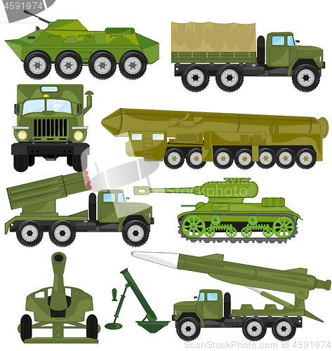 Image of Vector illustration of the weapon and transport facilities for army