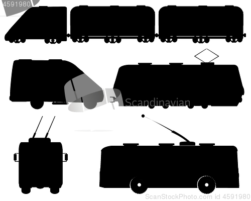 Image of Public transport train and tram with trolley bus black silhouettes